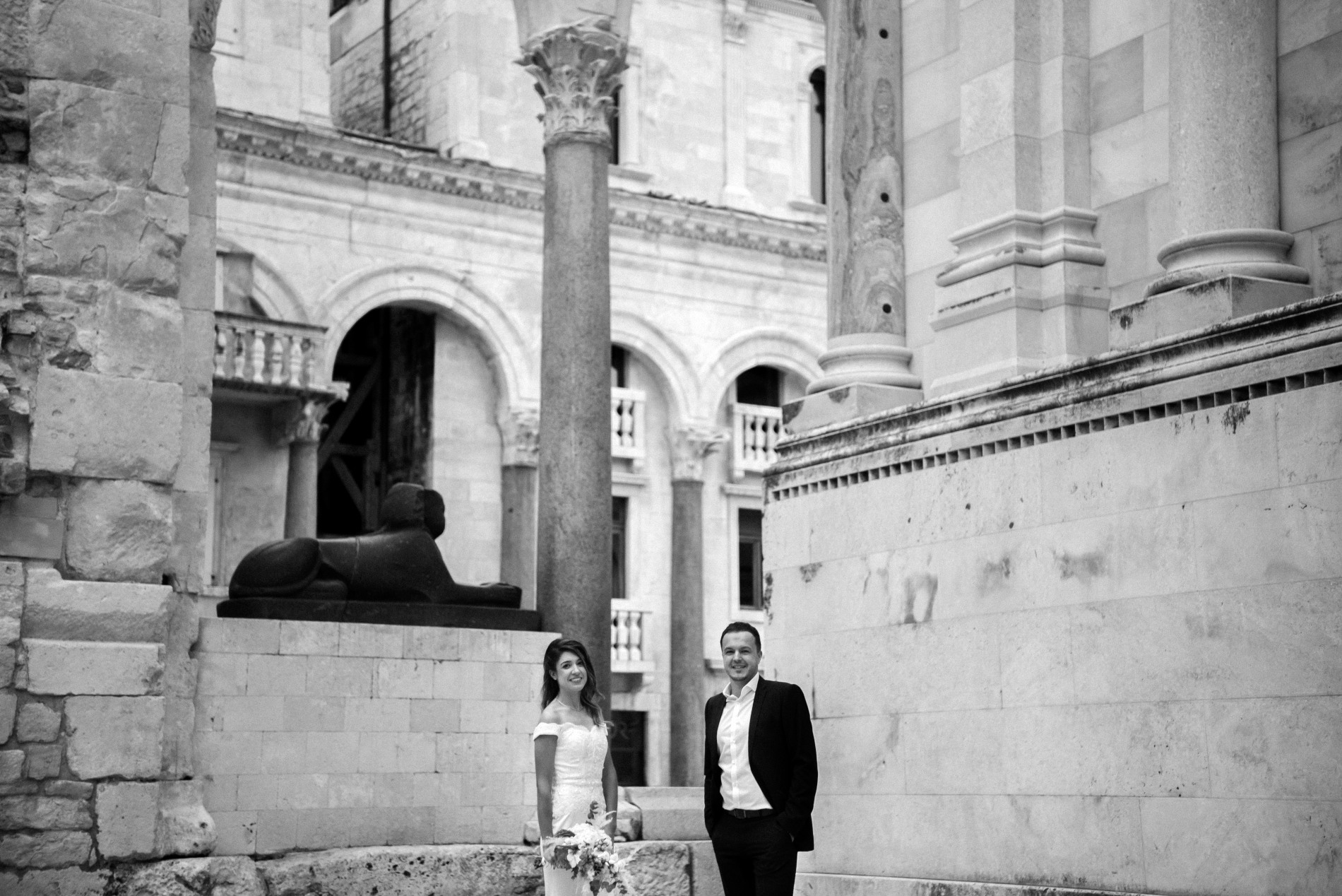 Newlyweds in front of the Sphinx of Diocletian’s palace, Split